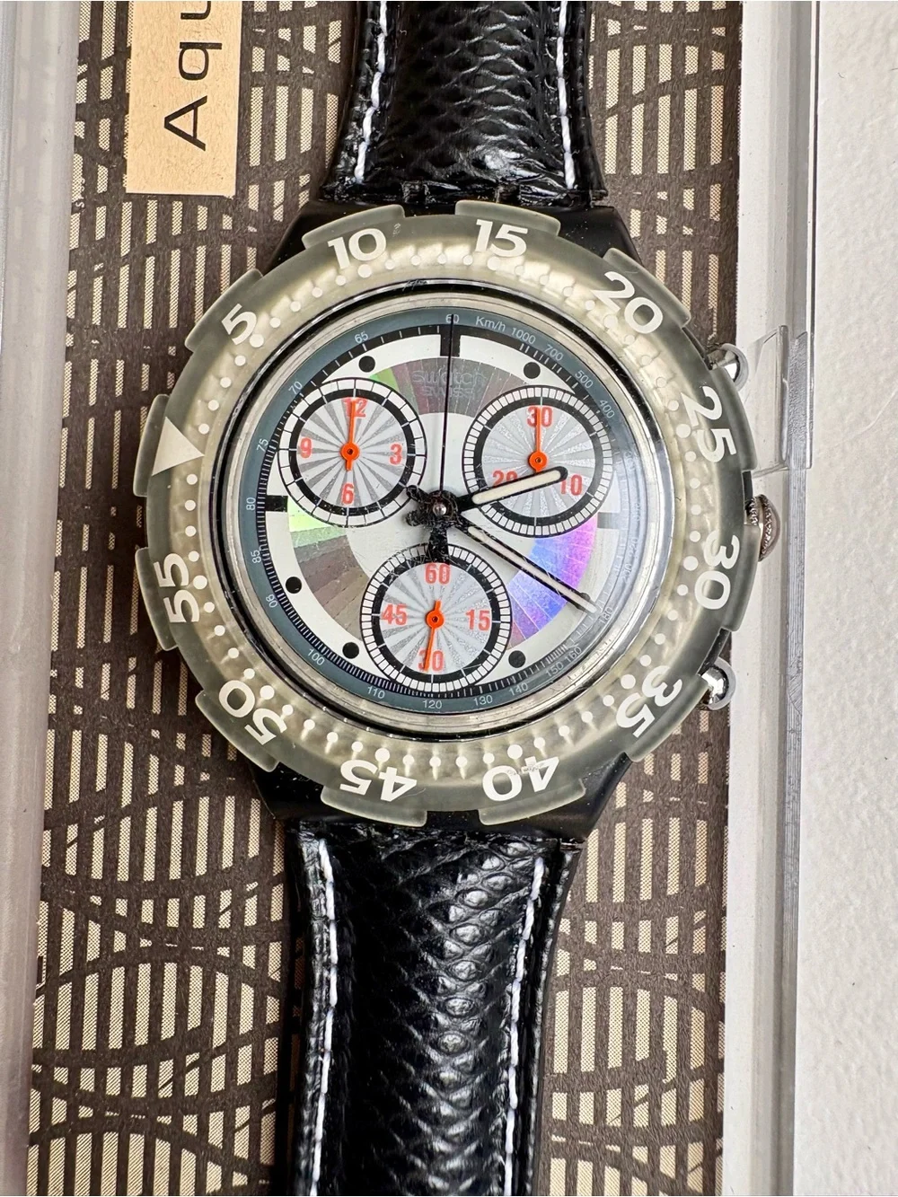 Swatch Iridescent Dial Chronograph with Black Leather Strap